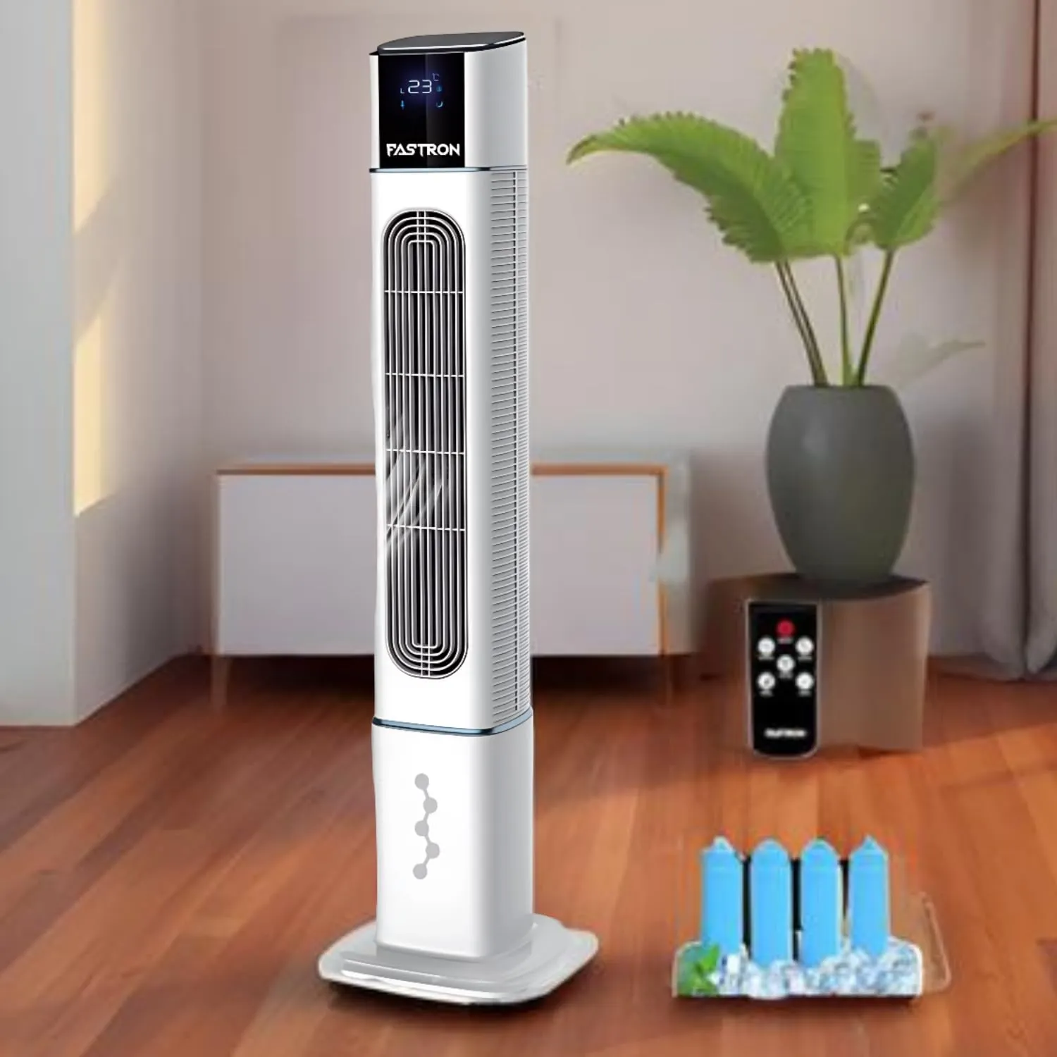 2 in 1 Tower Air Cooler & Bladeless Fan with Remote, 4L Tank + 4 Ice Packs, Digital Display & Touch Control, 3 Speed & 3 Modes, 12H Timer, Portable Cooler for Home, Office