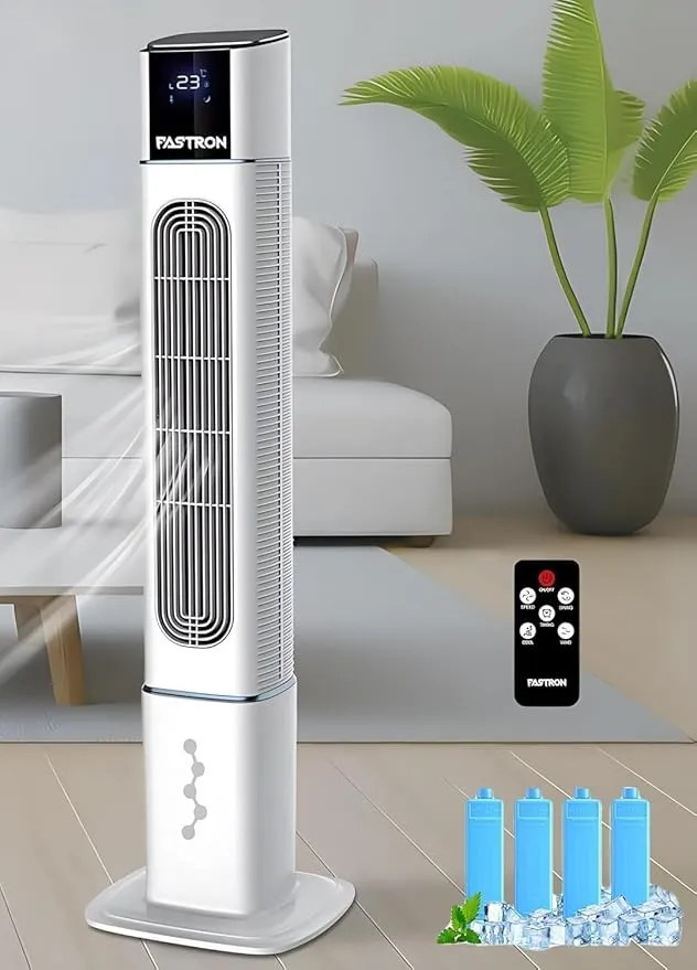 2 in 1 Tower Air Cooler & Bladeless Fan with Remote, 4L Tank + 4 Ice Packs, Digital Display & Touch Control, 3 Speed & 3 Modes, 12H Timer, Portable Cooler for Home, Office