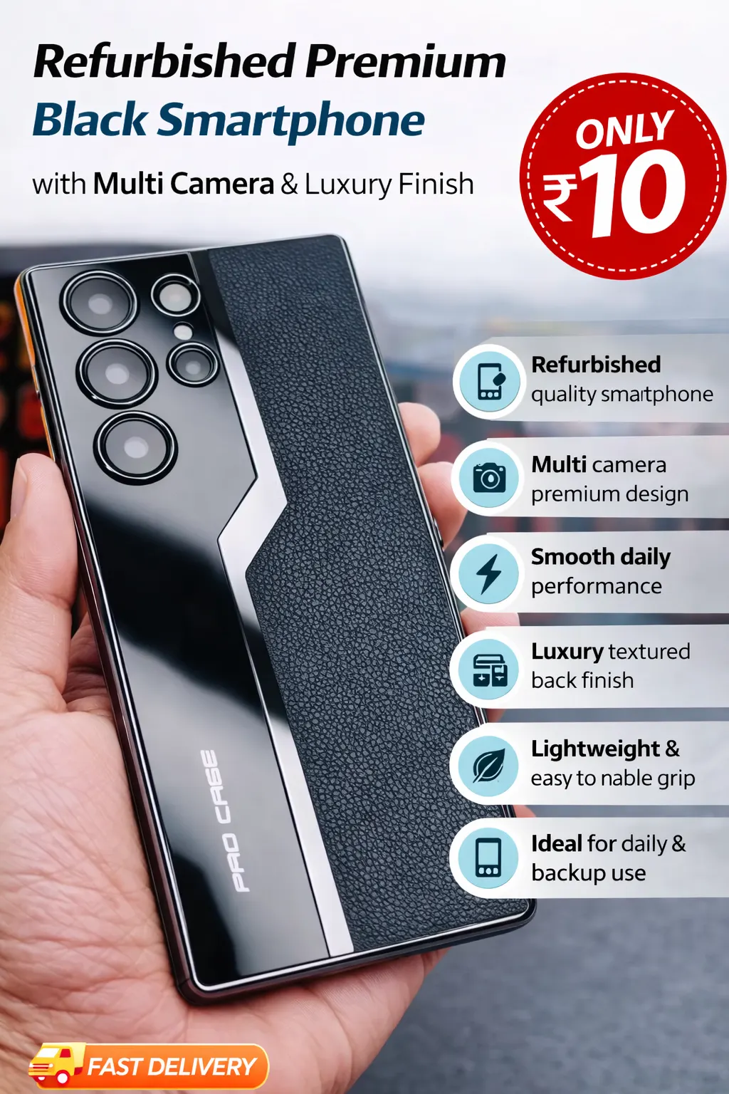 Refurbished Premium Black Smartphone with Multi Camera & Luxury Finish