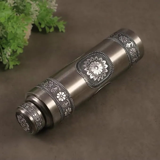 Stainless Steel Oxidised Worked Water Bottle 1000 ml | Durable, Leak-Proof, Easy Grip, Rust Free, Easy-to-Clean, Odour-Free Bottle with Secure Cap for School, Travel, Gym & Work