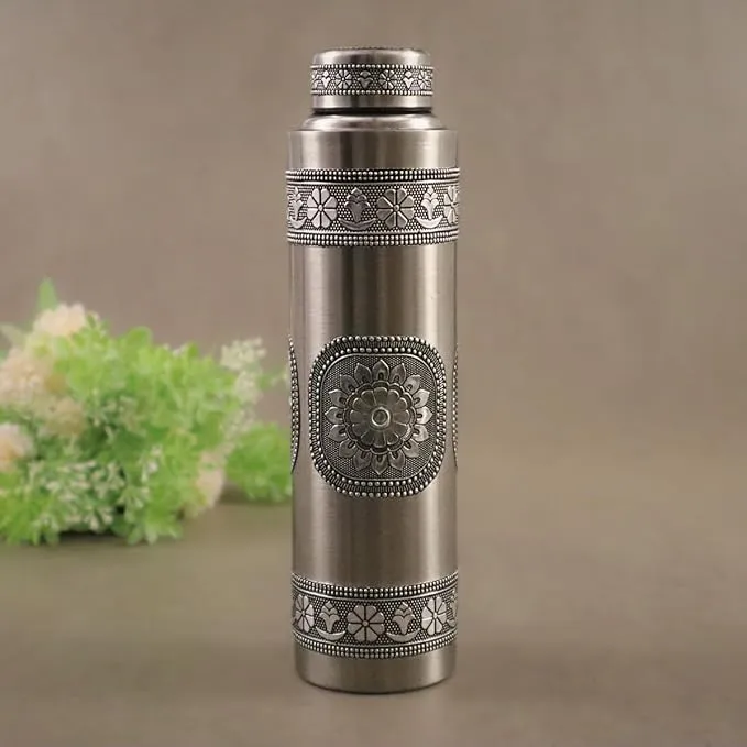 Stainless Steel Oxidised Worked Water Bottle 1000 ml | Durable, Leak-Proof, Easy Grip, Rust Free, Easy-to-Clean, Odour-Free Bottle with Secure Cap for School, Travel, Gym & Work