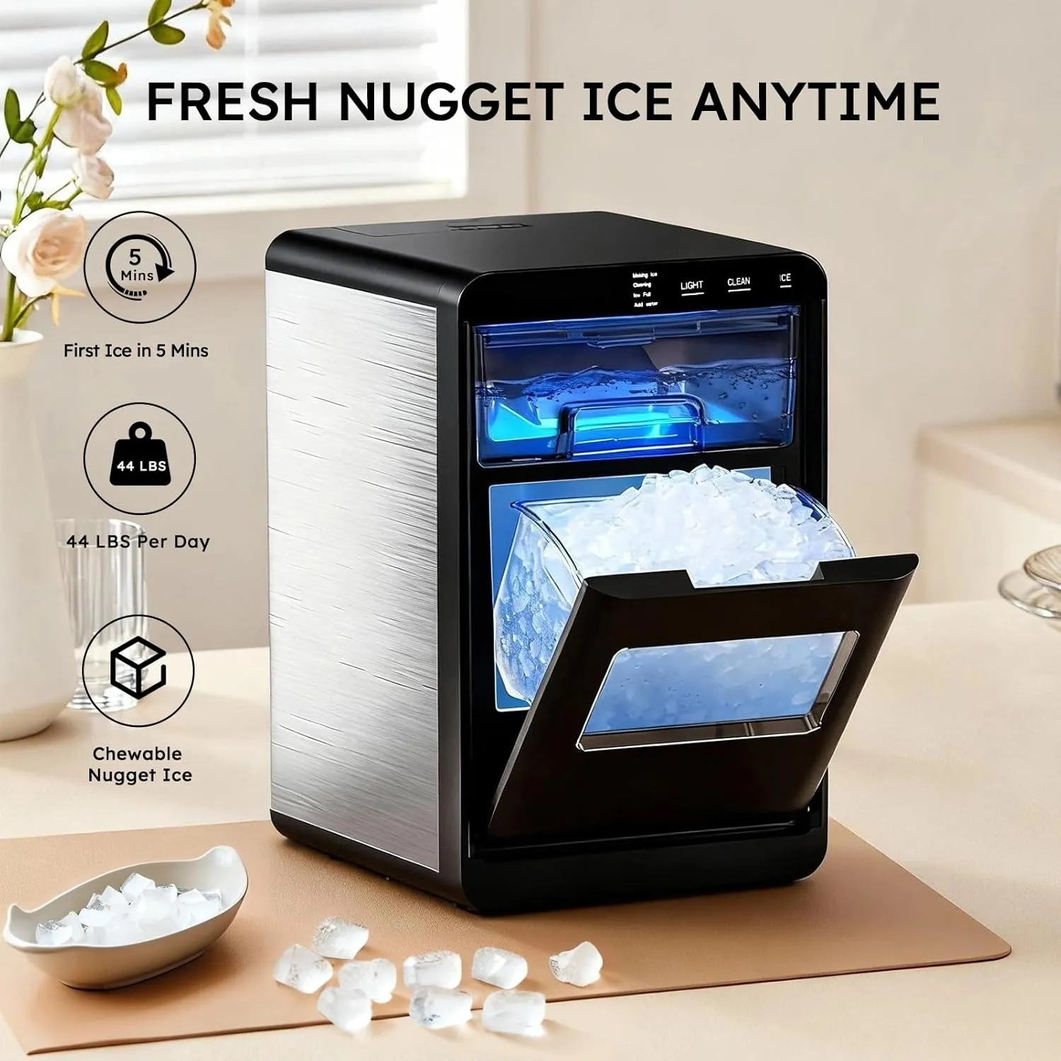 Ice Maker Machine, 44Lbs/24H Ice Machine & Countertop Ice Maker with Ice Scoop & Basket, Ready in 5 Mins | Self-Cleaning | Low Noise | Pellet Ice Machine for Home, Kitchen, Office