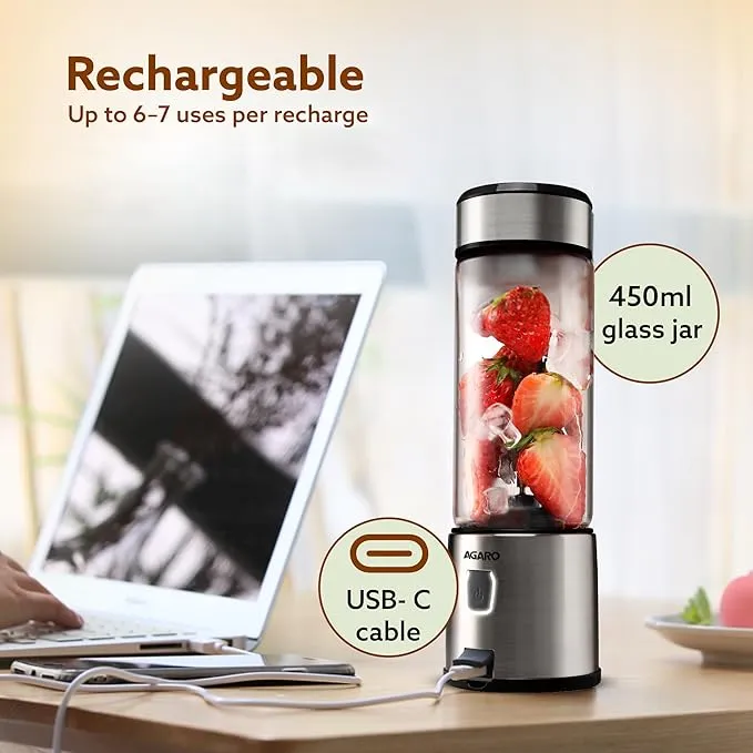 Portable Blender for Smoothie & Milk Shakes, 450ml, USB Type C Rechargeable, 3000 mAh Battery, Mini Personal Blender for Home, Office, Gym, Travel. 126W, Stainless Steel Blade
