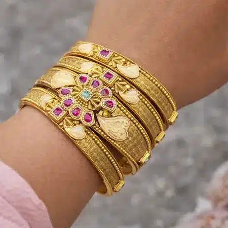 Royal Pink Stone Floral Designer Bangle Set