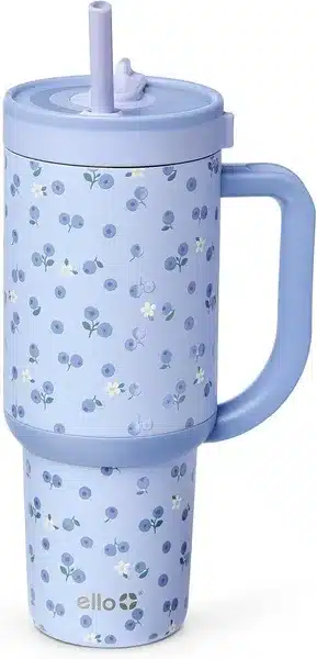 Floral Print Insulated Travel Tumbler with Handle & Straw