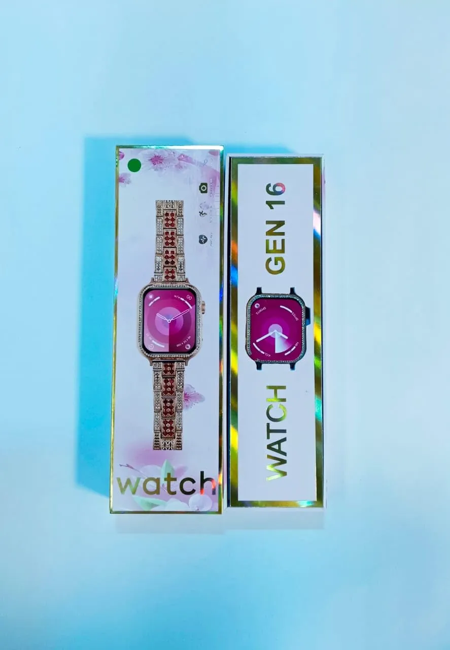 Luxury Smartwatch with Crystal Bezel, Rose Gold Band, Pink Digital Display, Square Face