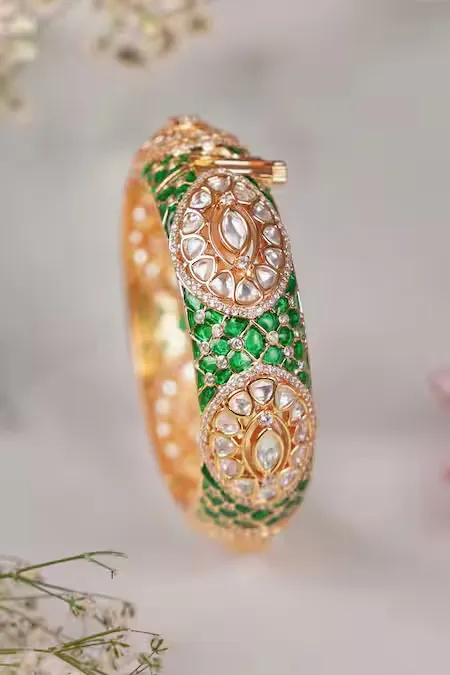 Emerald Green Kundan Pearl Bangle Set