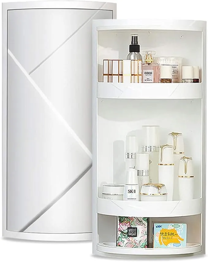 360 Rotating Corner Shelves,3 Tier Storage Cabinet Towel Holder Rack, Corner Cabinets with Doors and Shelves for Bathroom Bathtub Toilet Table