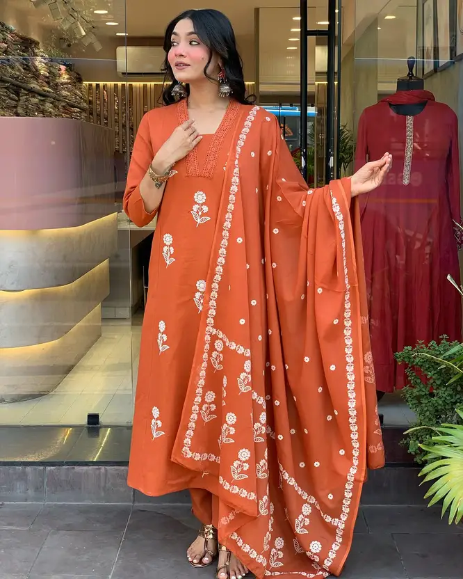 Women Ethnic Motifs Embroidered Regular Thread Work Pure Cotton Kurta with Trousers & With Dupatta