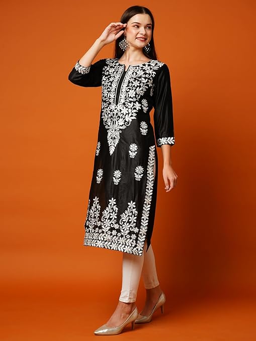 Women's Cotton Blend Straight Fit Straight Chikankari Embroidered Kurta