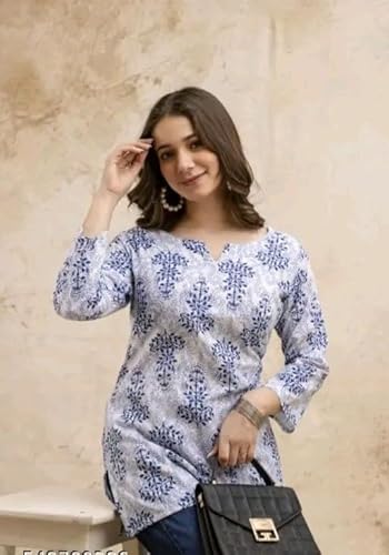 Women's Short Kurti in TOP Blue Rayon Cotton Blend | Ladies Ethnic Tunic |