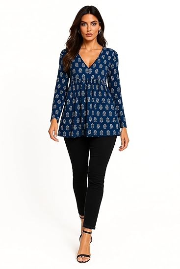 Women Cotton Relaxed Fit Floral Print Peplum Fancy Tops and Tunics, V-Neck