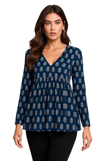 Women Cotton Relaxed Fit Floral Print Peplum Fancy Tops and Tunics, V-Neck