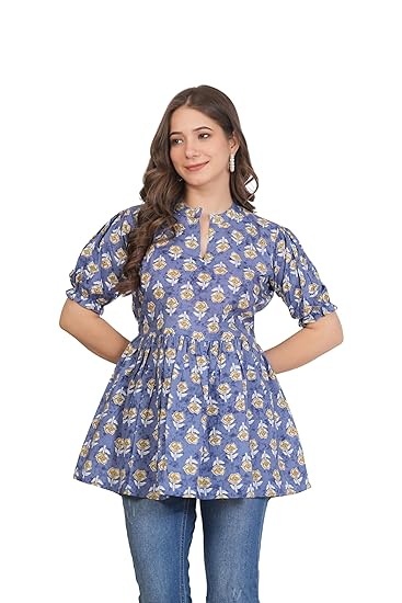 Women's Printed Cotton Short Kurti | Flared Tunic Tops for Jeans | Stylish Casual & Office Wear Kurtas for Girls and Ladies