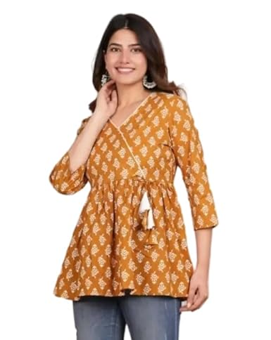 Women's Block Printed Wrap Short Kurti Top_UV_81_Yellow,L_NFT_UV_81_Yellow,L