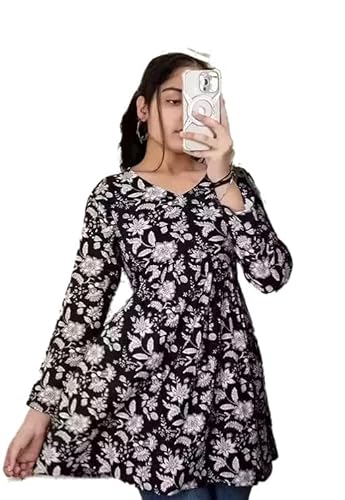 Women Short Kurti Rayon Fabric Floral Printed Short Anarkali Kurti | V-Neck, Long Sleeves for Office, Occasion