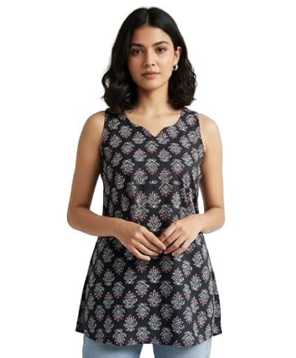 SIROTA Reyon Sleeveless Short Kurti for Women | Tunic for Jeans Short Kurti | Stylish Straight Ladies Kurta | Ethnic Kurta for Girls | Black
