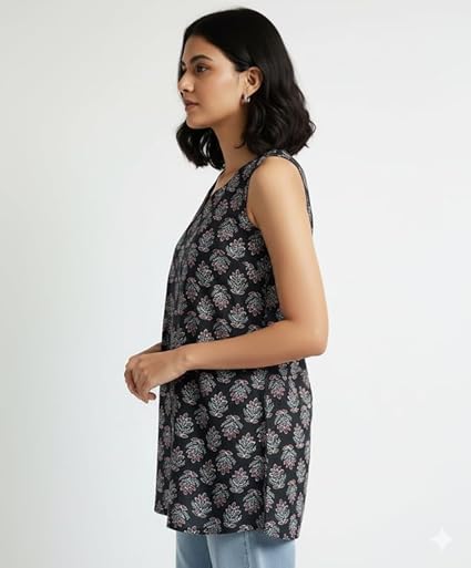 SIROTA Reyon Sleeveless Short Kurti for Women | Tunic for Jeans Short Kurti | Stylish Straight Ladies Kurta | Ethnic Kurta for Girls | Black