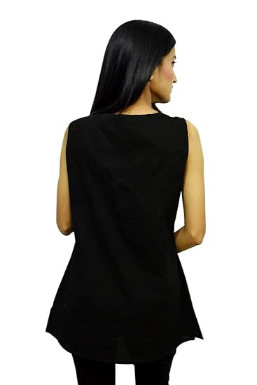 JAIPUR HAND BLOCK Pure Cotton Boat Neck Sleeveless Womens Top|Short Kurti (X-Small, Black)