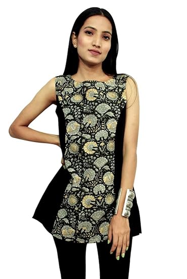 JAIPUR HAND BLOCK Pure Cotton Boat Neck Sleeveless Womens Top|Short Kurti (X-Small, Black)