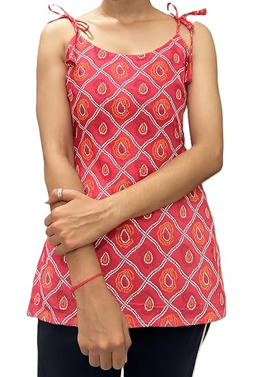 100% Cotton Printed Short Kurti | Short Sleveless Kurti for Girls | Women's Casual Sleeveless Printed Top | Tops for Women (in, Alpha, M, Regular, Pink)