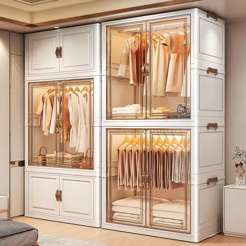 3 Door Kids Plastic Wardrobe for Clothes, Foldable Plastic Almirah for Clothes, Collapsible Wardrobe for Storage, Baby Cupboard for Clothes, Storage Rack for Kids - Cream