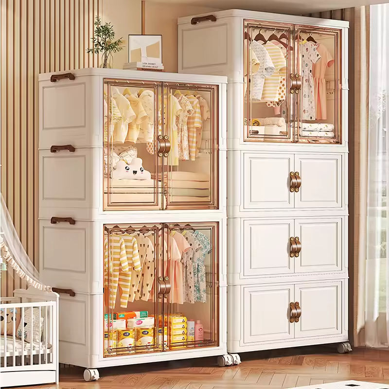 3 Door Kids Plastic Wardrobe for Clothes, Foldable Plastic Almirah for Clothes, Collapsible Wardrobe for Storage, Baby Cupboard for Clothes, Storage Rack for Kids - Cream