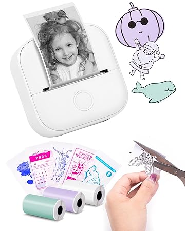 Memoking Portable Mini Sticker Printer - T02 Pocket Printer with 3 Rolls of Paper, Bluetooth Photo Printer for Children's Birthday, Compatible with Phone and Tablet, White