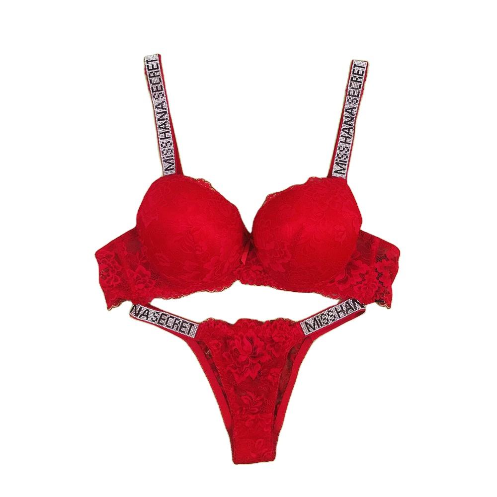 Custom English Letters Fashion Sexy Rhinestone Thong Panties Mature Women G String Girls Panties Bra Set