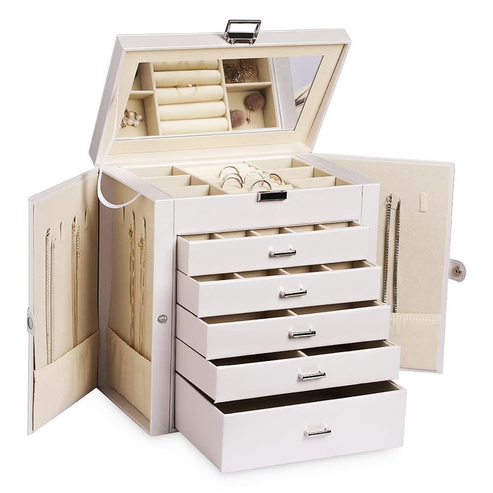 Large Jewellery Box, 6-Tier PU Leather Oganizer with Lock, Multifunctional Storage Case with Mirror, Accessories Holder with 5 Drawers for Earrings, Necklaces, Rings, Sunglasses