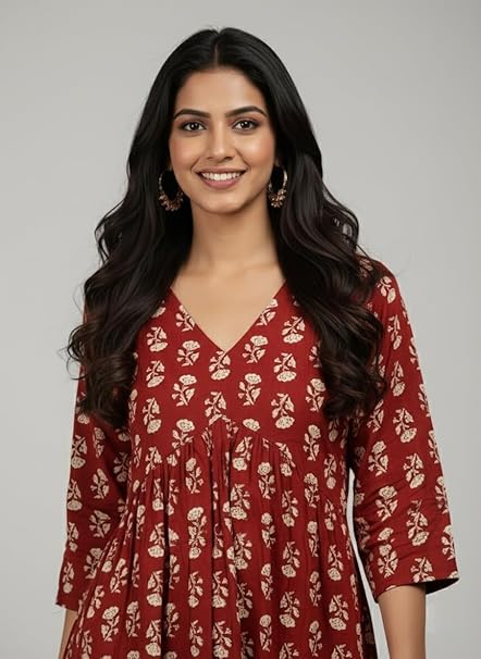 Women Rayon Printed V-Neck Calf-Length Casual Ethnic Wear Outfit Flared Long Gown Dress with 3/4 Sleeves (Maroon)