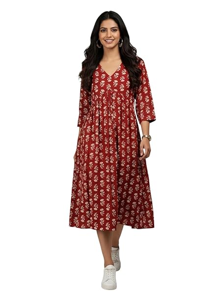 Women Rayon Printed V-Neck Calf-Length Casual Ethnic Wear Outfit Flared Long Gown Dress with 3/4 Sleeves (Maroon)