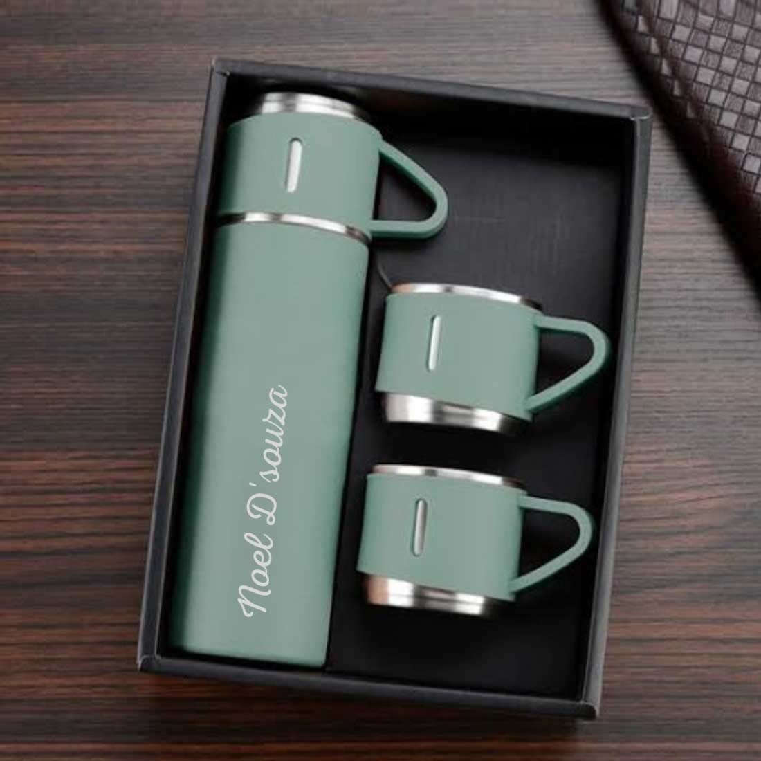 Personalized Stainless Steel Vacuum Flask Set with 3 Cups Combo for Coffee Hot Drink and Cold Water Flask Ideal Gifting Travel Friendly Latest Flask Bottle. 500ml