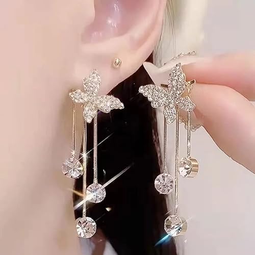 Korean Style Gold Plated Stone Decor Butterfly Shaped Drop Earrings