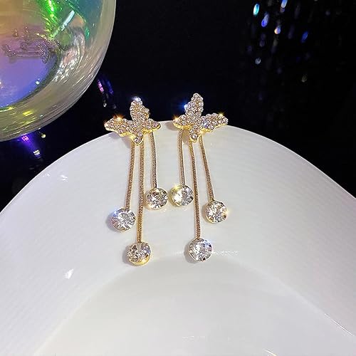 Korean Style Gold Plated Stone Decor Butterfly Shaped Drop Earrings