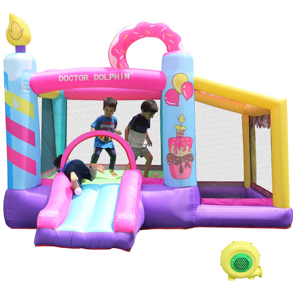 Doctor Dolphin Bounce House Inflatable Bouncy Castle with Blower for Toddlers Outdoor or Indoor Pink Bouncer House Jumping House Castle with Slide Dount Theme