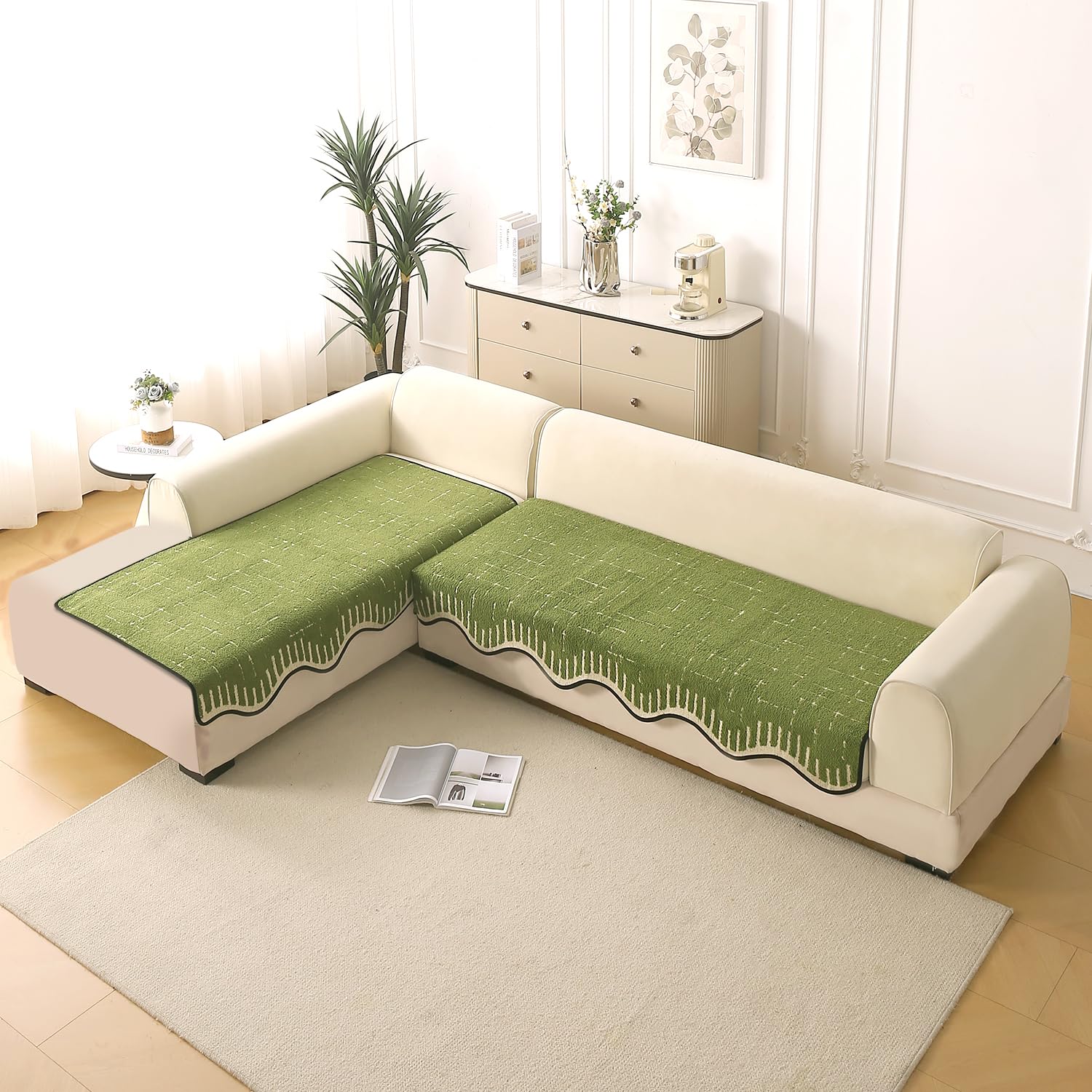 L Shape (3+3 Seater) Sofa Cover Seat Mat | Luxury 'Supple Soft' Wavy Mat with Anti Slip Backing, Green (AR-5977-GRN*2)